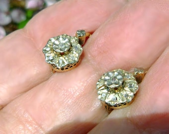 French 18K Gold Earrings Rose Cut Diamonds Daisy Pattern