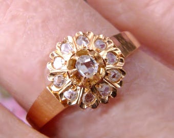French 18k Gold Rose Cut Diamonds Daisy Ring