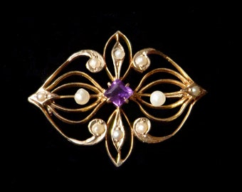 Victorian Ten Pearls & Amethyst Brooch