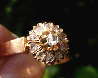 French 18k Gold Rose Cut Diamonds Daisy Ring