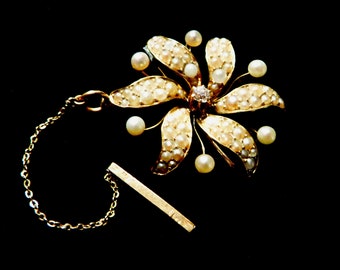 18K Diamond and Seed Pearl Victorian Brooch