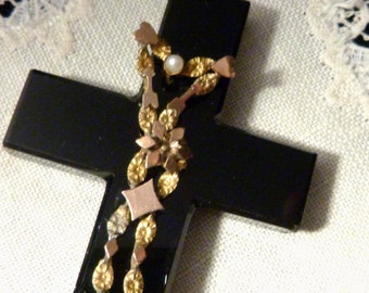Victorian Jet Cross with Hearts, Arrows, and Pearls