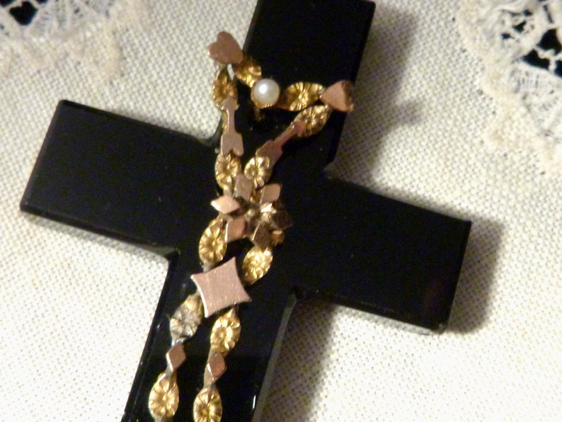 Victorian Jet Cross with Hearts, Arrows, and Pearls image 2