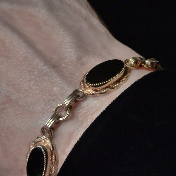 12K Gold Filled Black Oval Stones Bracelet