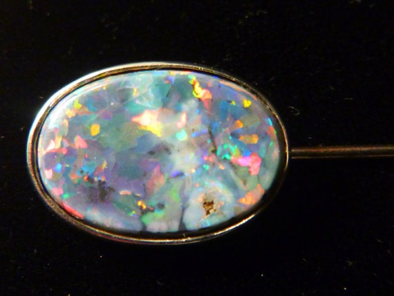 18K White Gold Black Opal Victorian Stickpin - image 4