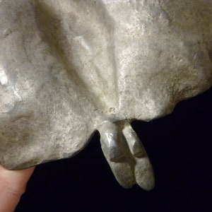 May include: A silver-colored metal mold for making a cake or pastry in the shape of a butterfly. The mold has a detailed design and a handle on the bottom.