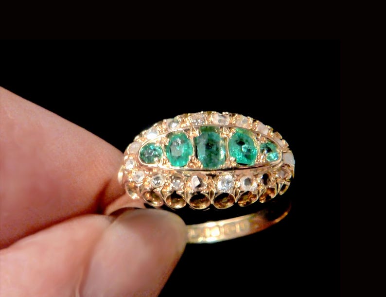 18K Emerald and Diamond Victorian Boat Ring bild 5