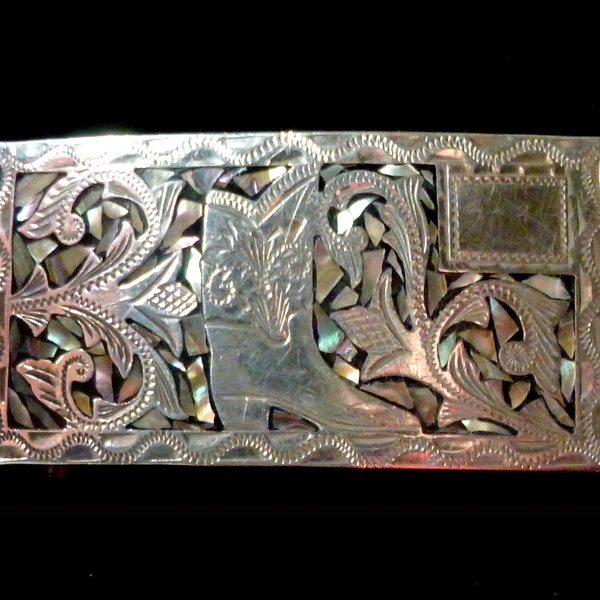 Sterling Silver Cowboy Boot Buckle with Abalone Inlay Mexico