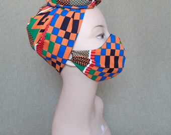 Ready to ship head wrap and face mask set/Matching kente gold,blue and black face mask and head wrap set/matching nose mask and scarf set