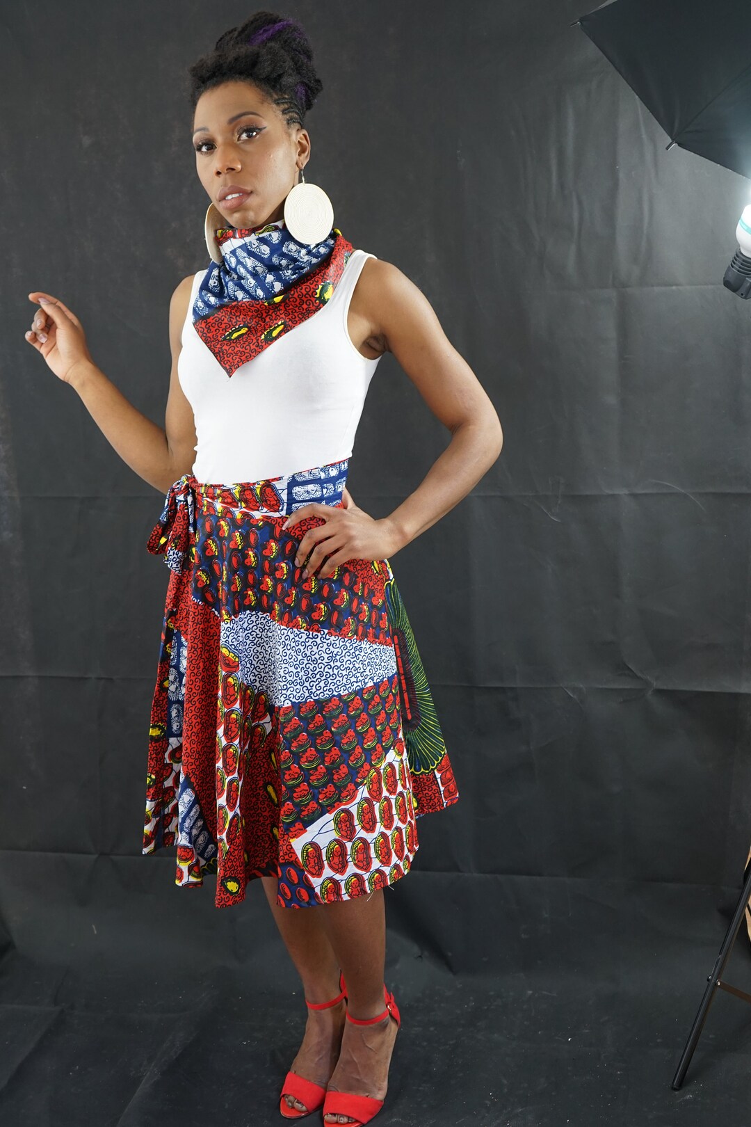Short Midi Ankara African Wrap Skirt Red Blue 100 Cotton Wrap Skirt