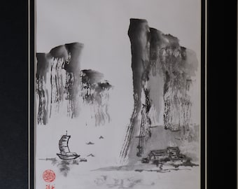 Sumi-e Japanese Ink Painting -- Sailing