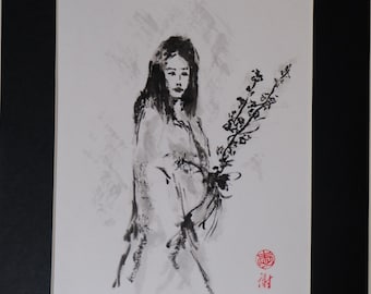 Sumi-e Japanese Ink Painting -- Beautiful Lady