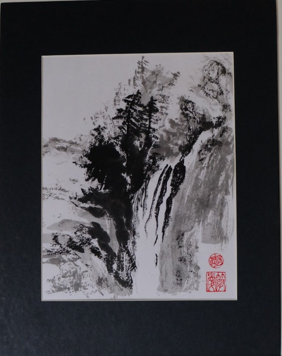 屏風　Sumi-e a painting in black ＆white Sumi-e Japanese Ink Painting -- Mountain Waterfall - Etsy