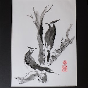Sumi-e Japanese Ink Painting -- Cedar Birds