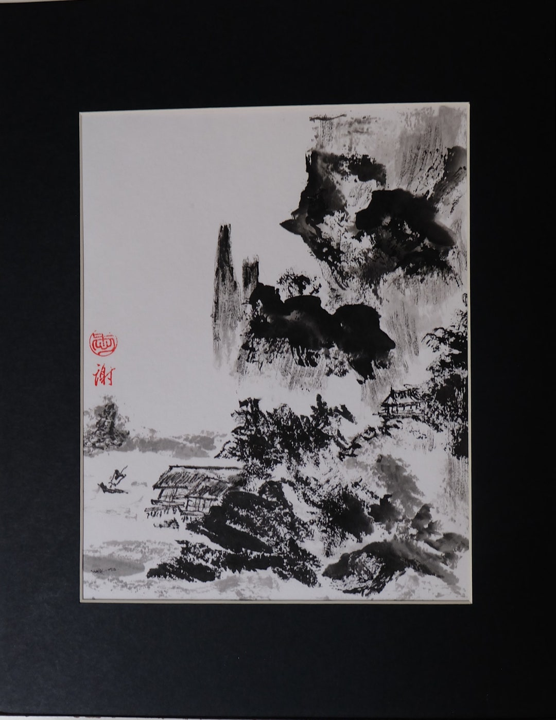 Sumi-e Mountains Original Painting in Japanese Zen Art Style, Oriental  Rocks and Trees Landscape in Black Ink on Rice Paper 