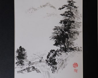 Sumi-e Japanese Ink Painting -- Gone Fishing