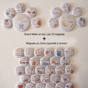 May include: A set of colourful magnets featuring illustrations of daily routines, including getting ready for bed, brushing teeth, taking a bath, and eating breakfast. The magnets are circular and have a white background with black grid lines. The text on the magnets is in French.