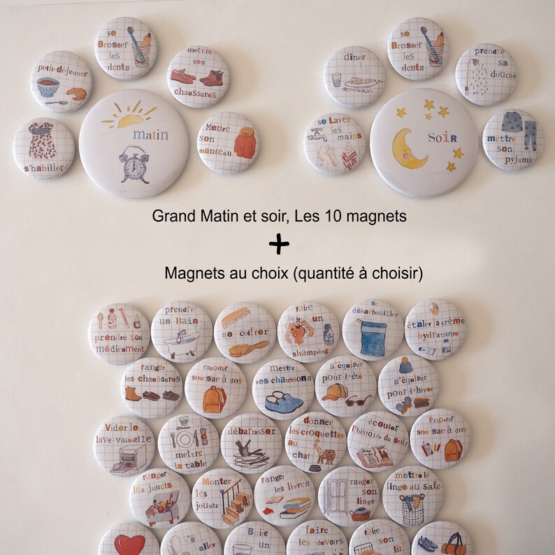 May include: A set of colourful magnets featuring illustrations of daily routines, including getting ready for bed, brushing teeth, taking a bath, and eating breakfast. The magnets are circular and have a white background with black grid lines. The text on the magnets is in French.