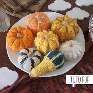May include: A white plate with seven crocheted pumpkins in various colors and patterns. The pumpkins are orange, yellow, white, and green. The plate is on a brown surface with a brown and white patterned fabric.