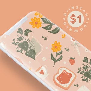 Könnte beinhalten: Eine rosa Handyhülle mit einem Blumenmuster mit gelben Blumen, grünen Blättern und einer Erdbeere. Der Text "INSTANT DOWNLOAD $1" ist in der oberen rechten Ecke des Bildes sichtbar.
