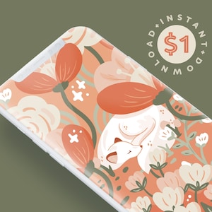 Pu&ograve; includere: Una custodia per telefono bianca con un design floreale che presenta un cervo bianco con gli occhi chiusi, circondato da fiori rosa e arancioni. La custodia del telefono &egrave; su uno sfondo verde con un cerchio che dice "Download istantaneo 1 &euro;".