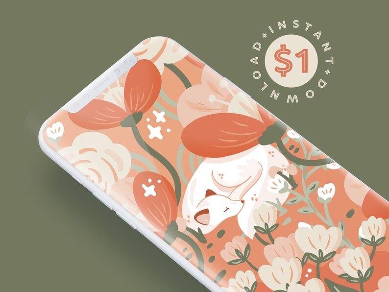Pu&ograve; includere: Una custodia per telefono bianca con un design floreale che presenta un cervo bianco con gli occhi chiusi, circondato da fiori rosa e arancioni. La custodia del telefono &egrave; su uno sfondo verde con un cerchio che dice "Download istantaneo 1 &euro;".
