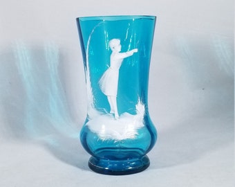 Antique Mary Gregory Vase: Victorian Turquoise Art Glass with Enamel Silhouette