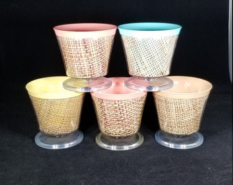 Vintage Raffia Ware Pedestal Dessert/Parfait Cups, Set of 5 Thermal Insulated bowls, Midcentury, Melmac, Kitchen, Tiki Bar