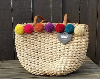 Oversized Straw Pom Pom Tote Bag, Boho Beach Bag