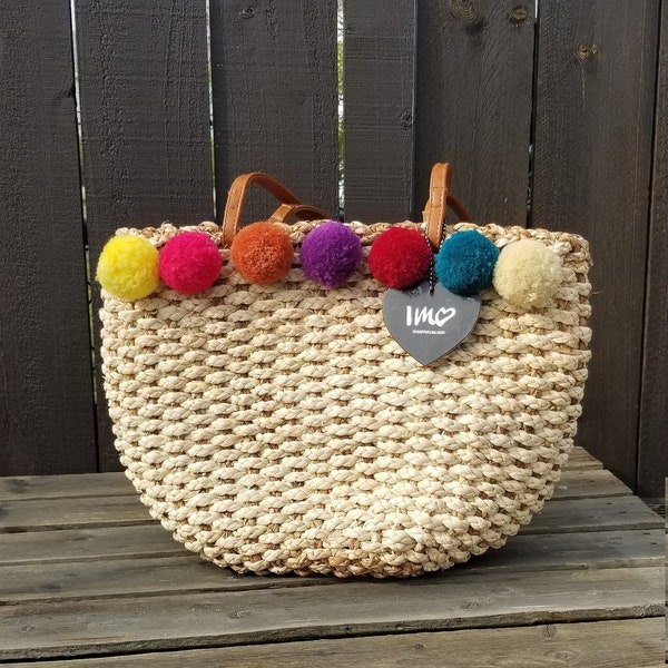 Oversized Straw Pom Pom bag, Mia french market bag, boho bag, tote bag, beach or pool bag, tote bag, lined woven bag, perfect for summer