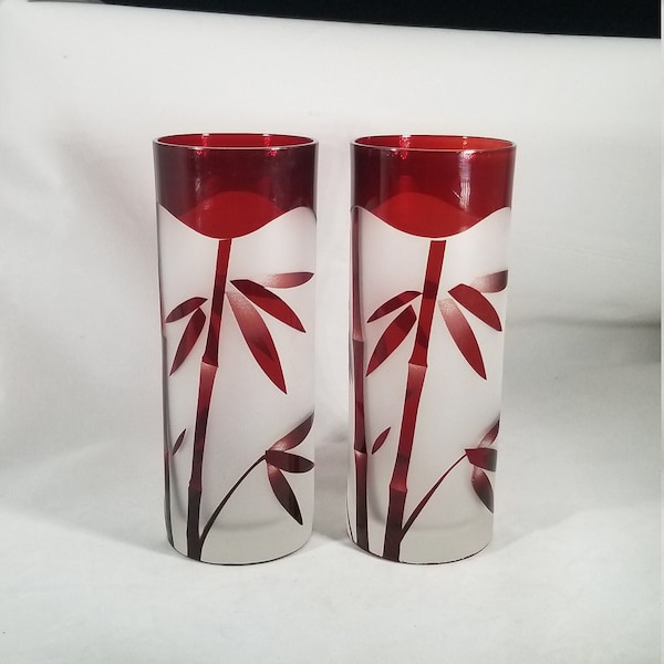 Vintage Noritake Ruby Red Flash Bamboo Collins/Zombie Glasses, 1940s Frosted Glasses with Red Design, Art Deco Etched Glasses,Barware,Liquor