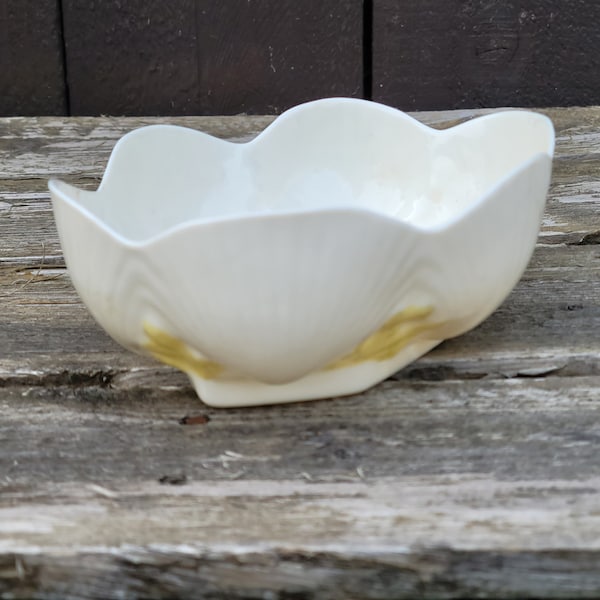 Vintage Belleck Neptune Scallop Shell Bowl, Made in Ireland, Translucent Porcelain,Embossed Sea Shells and Yellow Coral,"Mark 7",Collectible