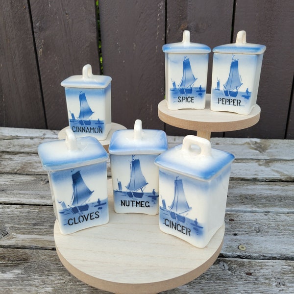 Vintage Ditmar Urbach Ceramic Spice Containers, Blue and White Windmills and Sailboats, Made in Czechoslovakia, Delft Style, Replacements