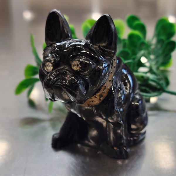 Antique Westmoreland Black Glass French Bulldog, Rhinestone Eyes, Gold Studded Collar, 1920s Art Deco, Paperweight, Art Glass,Frenchie Lover