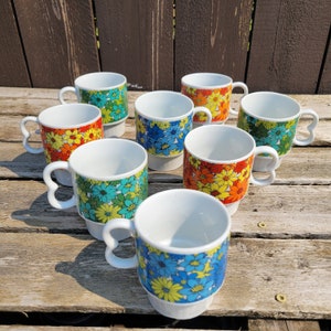 Vintage Ceramic Floral Stacking Mugs, Two Finger Handles, Made in Japan, Midcentury Coffee/Tea Cups, Grouped by Color, Collectible, Kitsch