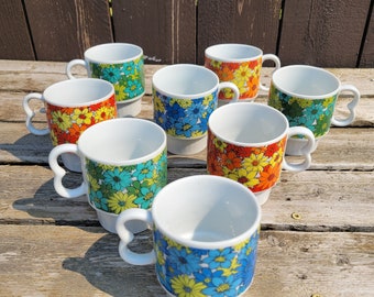 Vintage Ceramic Floral Stacking Mugs, Two Finger Handles, Made in Japan, Midcentury Coffee/Tea Cups, Grouped by Color, Collectible, Kitsch