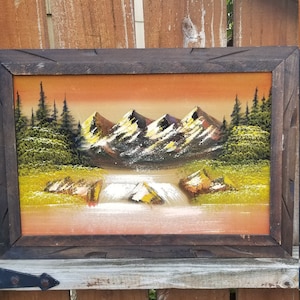 Vintage Landscape Painting on Velvet, Theorem Painting, Original Oil Painting, Handcarved Rustic Wood Frame, Made in Mexico, 1970s Kitsch