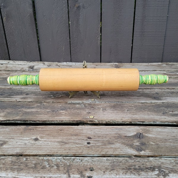 Vintage Wooden Pin with Jadeite Green and Cream Marbled Handles, Seasoned Rolling Pin, Kitchenware, Bakeware, Primitive, Farmhouse, Cottage