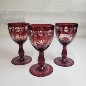 Antique Egermann Ruby Red Czech Bohemian Wine Glasses, Set of 3, Handmade, Victorian Era Cut to Clear Cordial Glasses, Fine Dining Decor