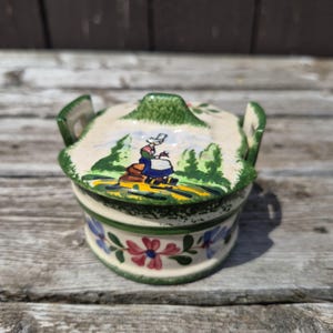 Vintage Henriot Quimper Faience Lidded Jam Pot, Tin Glazed Earthenware,Desvres France, Traditional Breton Woman with Florals, French Folkart