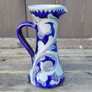 Vintage Gres D&#39;alsace Sandstone Pitcher, Salt Glaze Stoneware, Cobalt Blue and Gray, Handmade French Pottery, Signed by Artist, Collectible