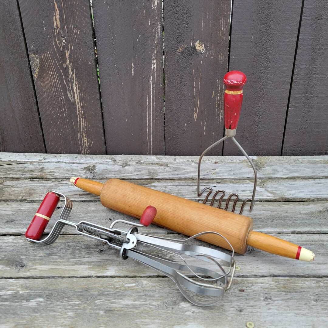 Vintage Ekco Kitchen Utensils, Set of 3, Iconic Red and White Wood