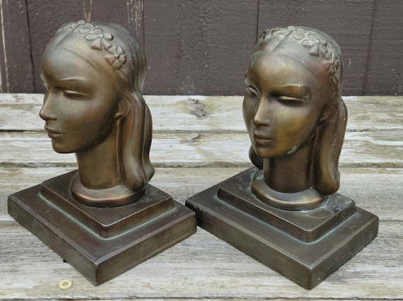 アンティーク雑貨 FRANKART BOOK END MARBLE Vintage Frankart Art Deco Spelter Bookends: Female Busts, 1927 - Etsy
