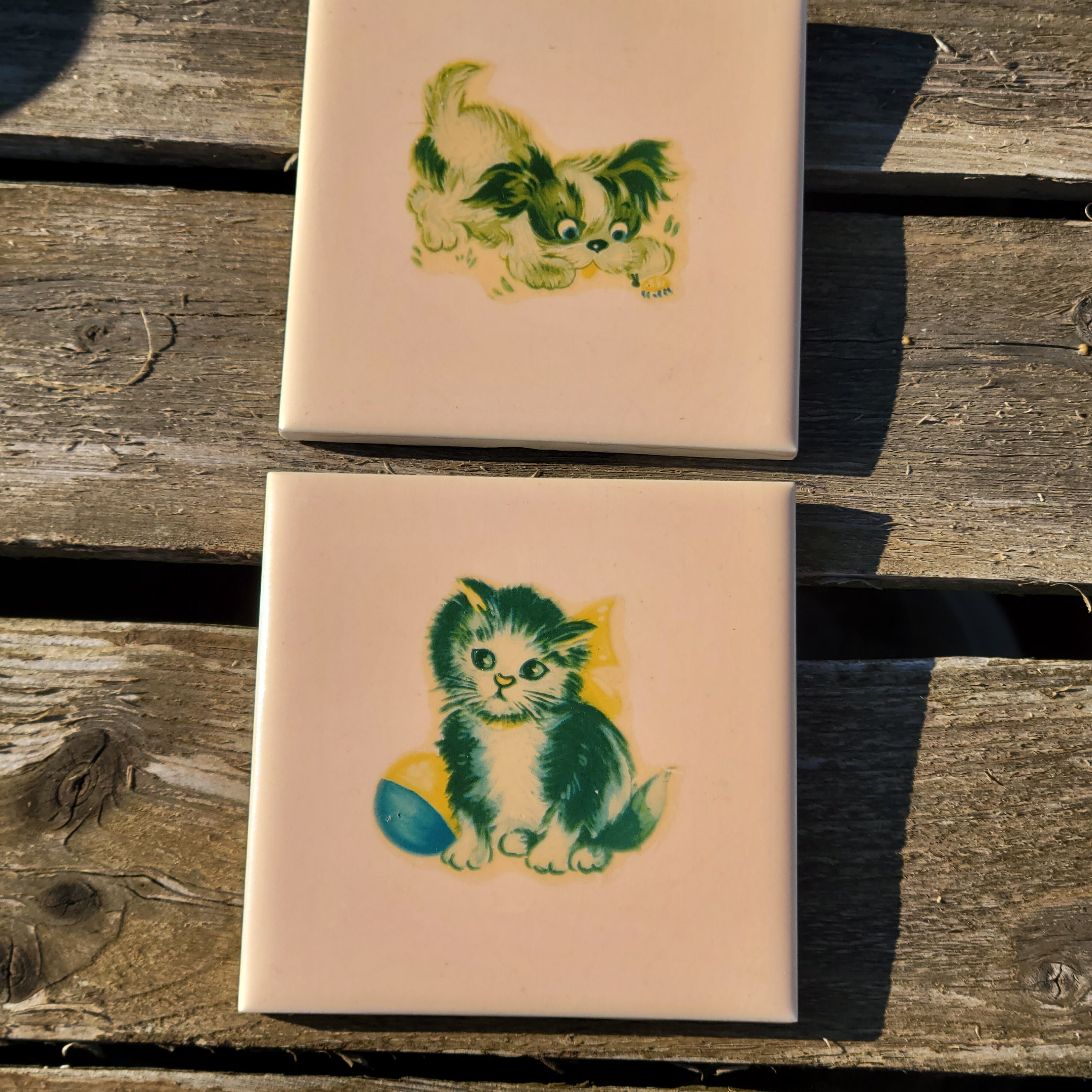 Vintage Ceramic Nursery Wall Tiles Set of 2 Puppy and Kitty Etsy