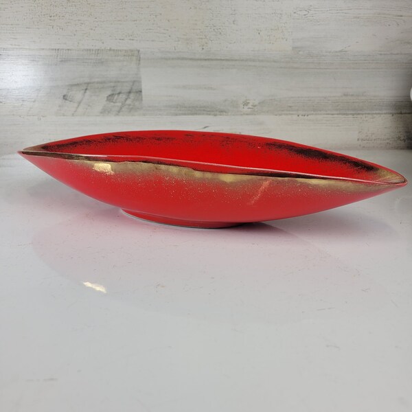 Vintage California Pottery USA Ceramic Console Bowl, Red with Gold Trim Centerpiece Dish, Abstract Relief Design Inside, Valentines Day Gift