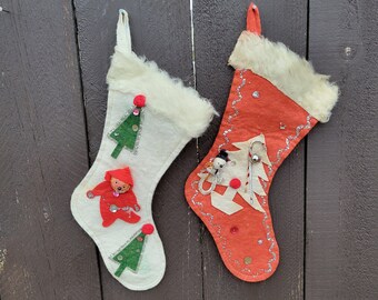 Vintage Felt Christmas Stockings: Spun Cotton Santa & Snowman, Set of 2