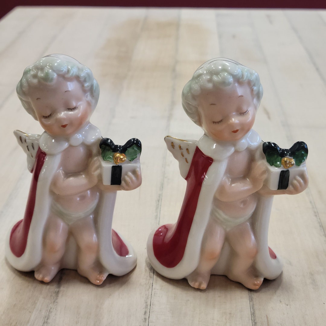 Vintage Jewelry Industry Council Ceramic Angel Candleholders, Set of 2 Cherubs in Red Capes