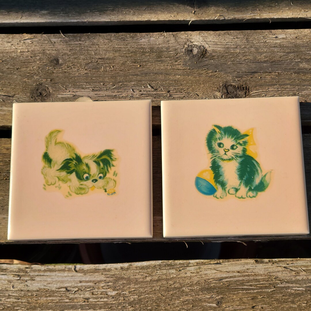 Vintage Ceramic Nursery Wall Tiles, Set of 2, Puppy and Kitty Applied