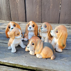 Vintage Homco Basset/Beagle puppies, 1980s sad eye bisque figurines, Set of 6, Litter of Pups, model #1407, Collectible, Dog Lover, Gift