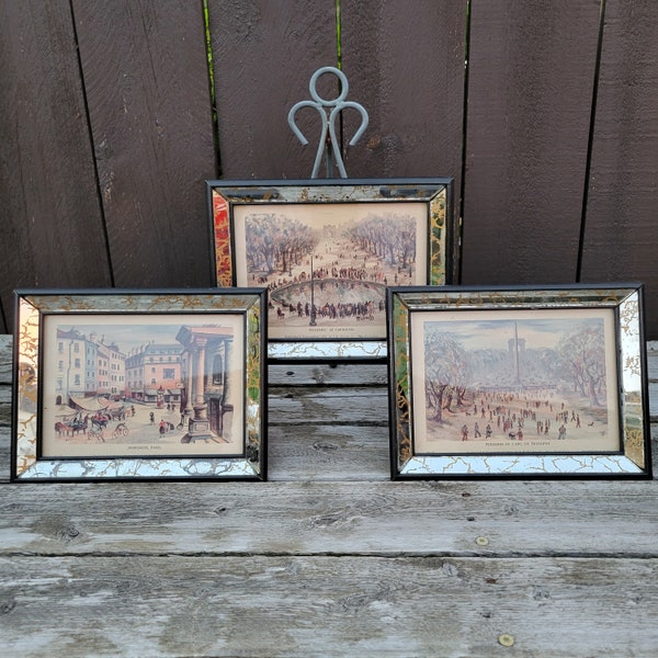 Vintage Buzzelli "Viola! La Belle France" Color Prints, Set of 3, Reproductions of Original Watercolors of France, Gold Veined Mirror Frames